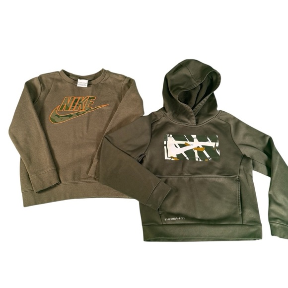 Nike Boys Size 7 Sweatshirt & Therma-Fit Hoodie Olive Green Camo Logo Bundle - Picture 1 of 14
